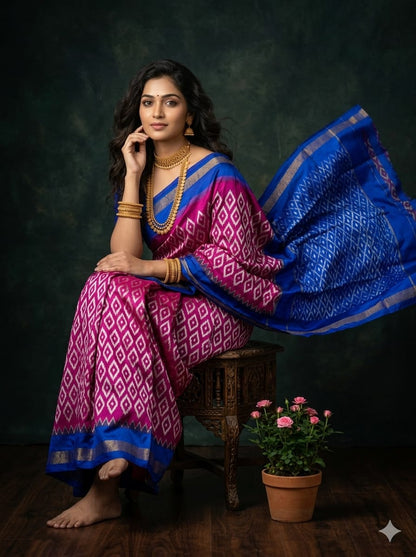 Handcrafted Pure Pochampally Ikat Silk Saree with Blouse Piece