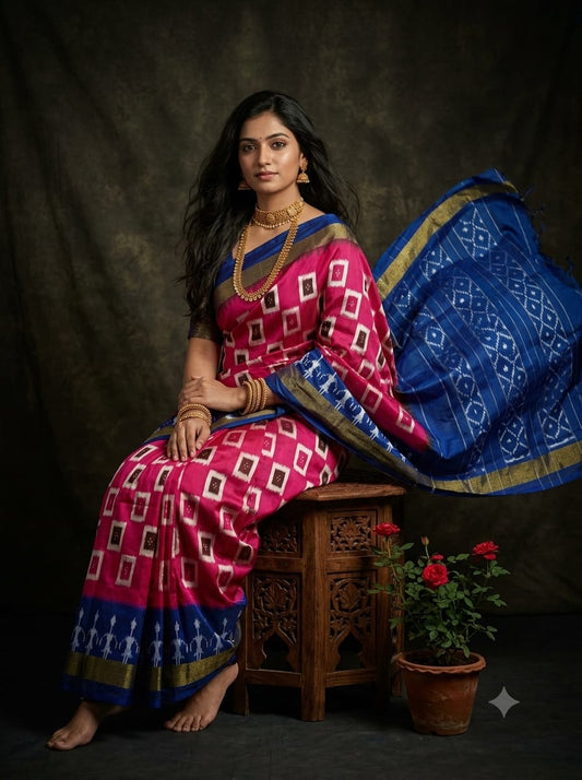 Handcrafted Pure Pochampally Ikat Silk Saree with Blouse Piece