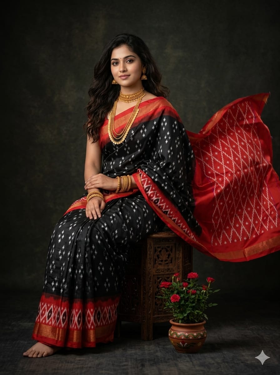 Handcrafted Pure Pochampally Ikat Silk Saree with Blouse Piece