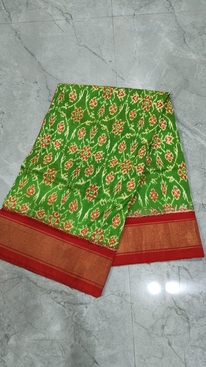 Handcrafted Pure Pochampally Ikat Silk Saree in Vibrant Green & Red with Zari Border & Blouse Piece