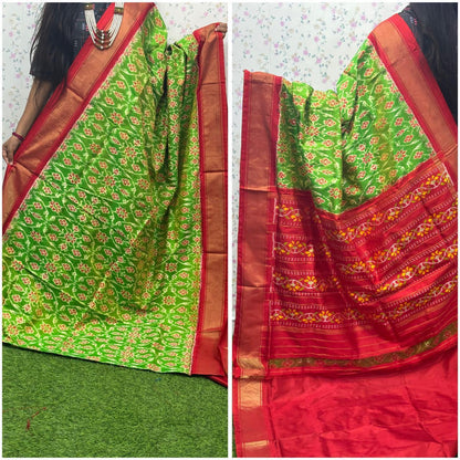 Handcrafted Pure Pochampally Ikat Silk Saree in Vibrant Green & Red with Zari Border & Blouse Piece