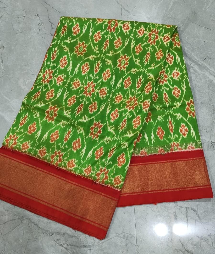 Handcrafted Pure Pochampally Ikat Silk Saree in Vibrant Green & Red with Zari Border & Blouse Piece