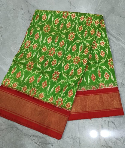 Handcrafted Pure Pochampally Ikat Silk Saree in Vibrant Green & Red with Zari Border & Blouse Piece