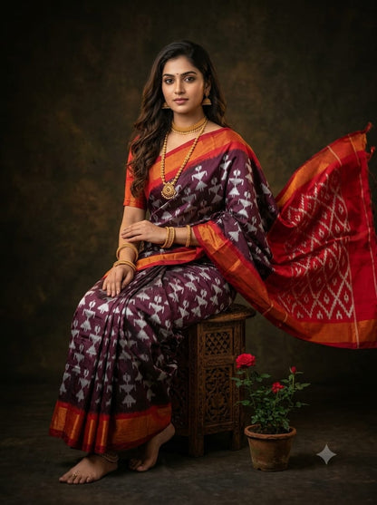 Handcrafted Pure Pochampally Ikat Silk Saree with Blouse Piece