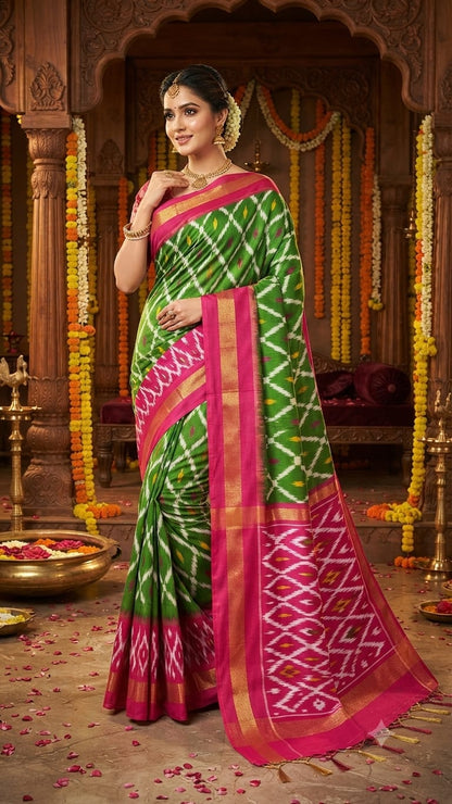 Handcrafted Pure Pochampally Ikat Silk Saree with Blouse Piece