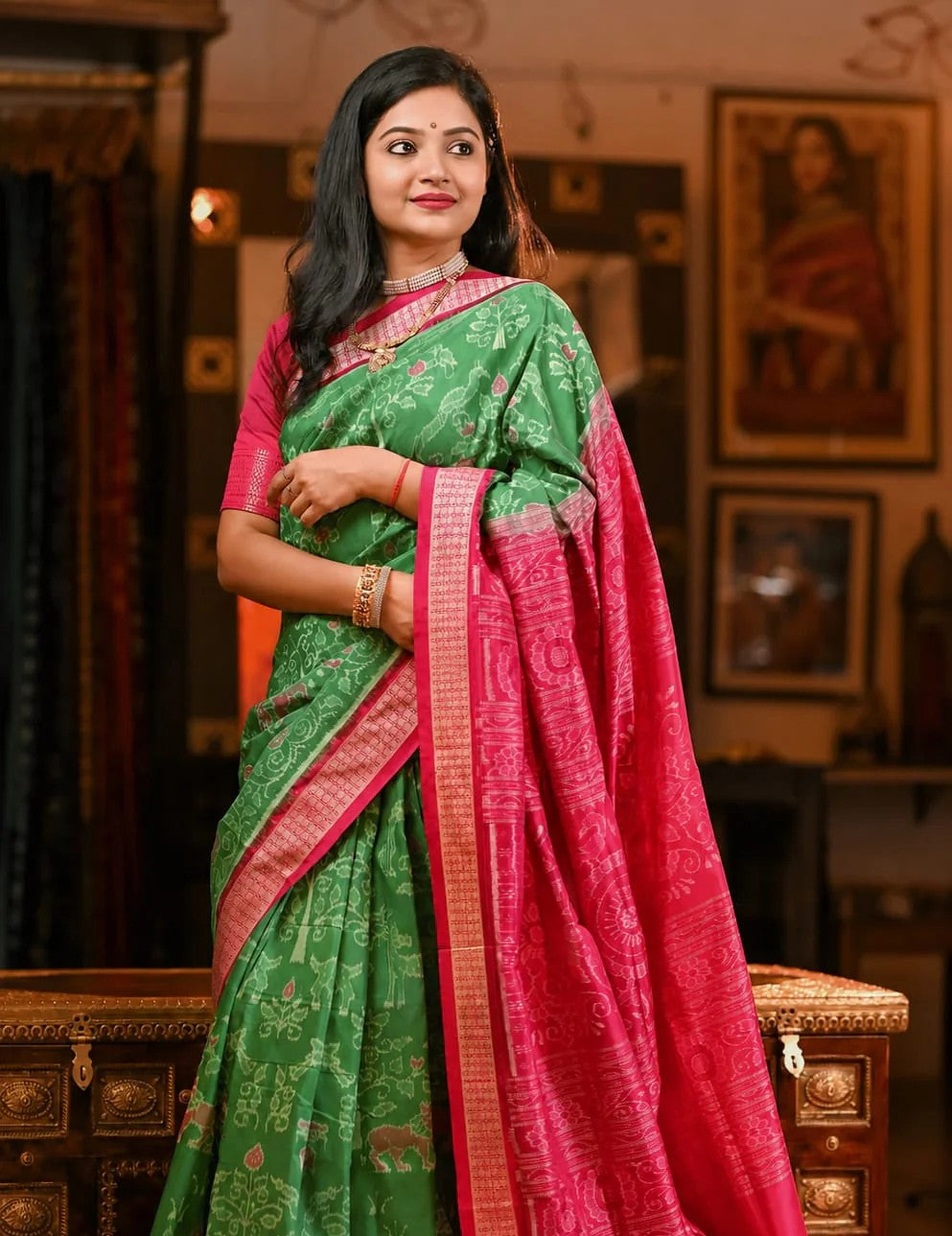 Emerald Green & Rani Pink Handloom Silk Saree