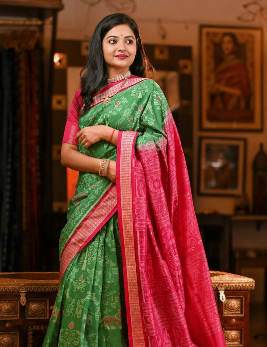 Emerald Green & Rani Pink Handloom Silk Saree