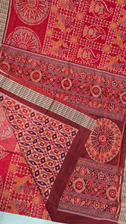 Cotton silk mix combination sambalpuri bapta pata saree blouse work
