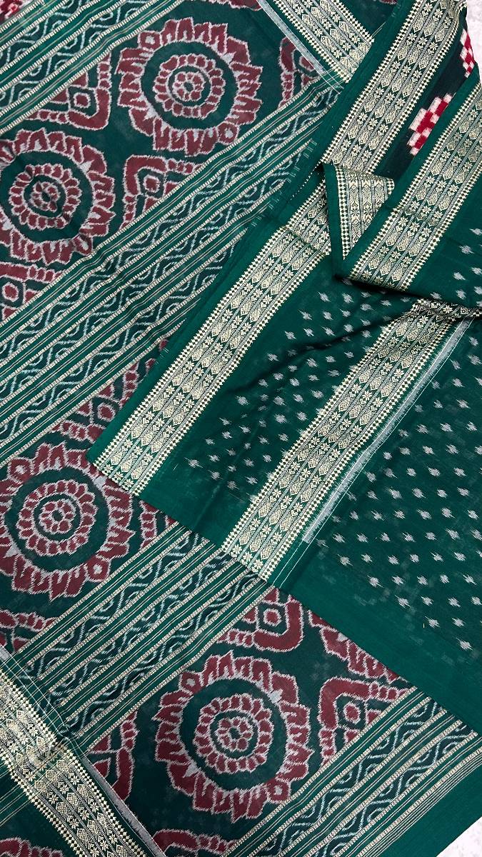 Merron and green clr combinations Sambalpuri pasapali saree