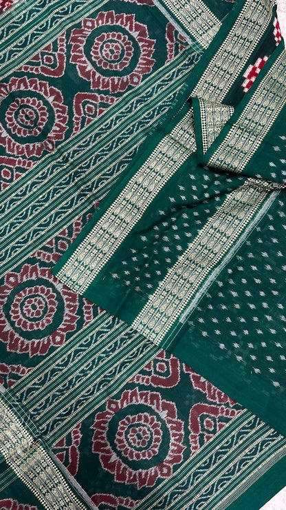 Merron and green clr combinations Sambalpuri pasapali saree