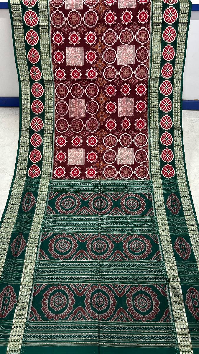 Merron and green clr combinations Sambalpuri pasapali saree