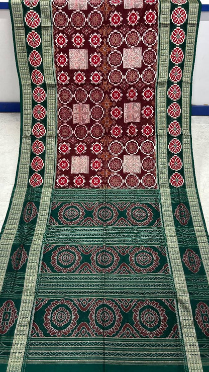 Merron and green clr combinations Sambalpuri pasapali saree