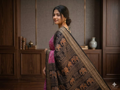 Handwoven Elephant Motifs Sambalpuri saree (Ranipink+Black)
