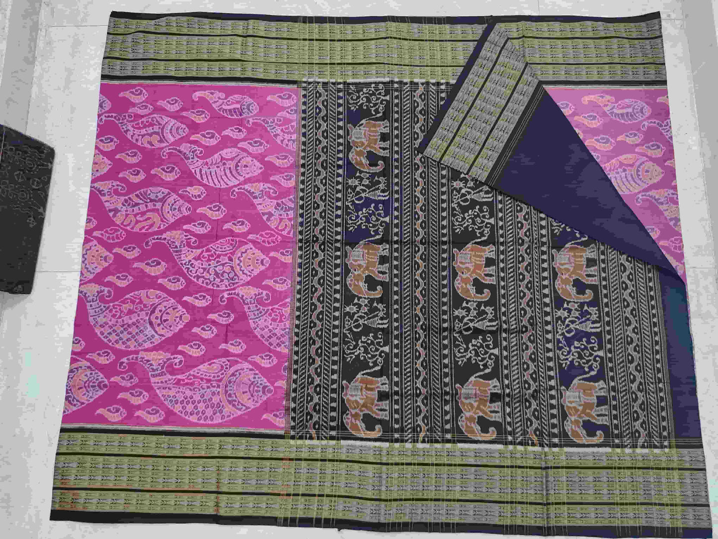 Handwoven Elephant Motifs Sambalpuri saree (Ranipink+Black)