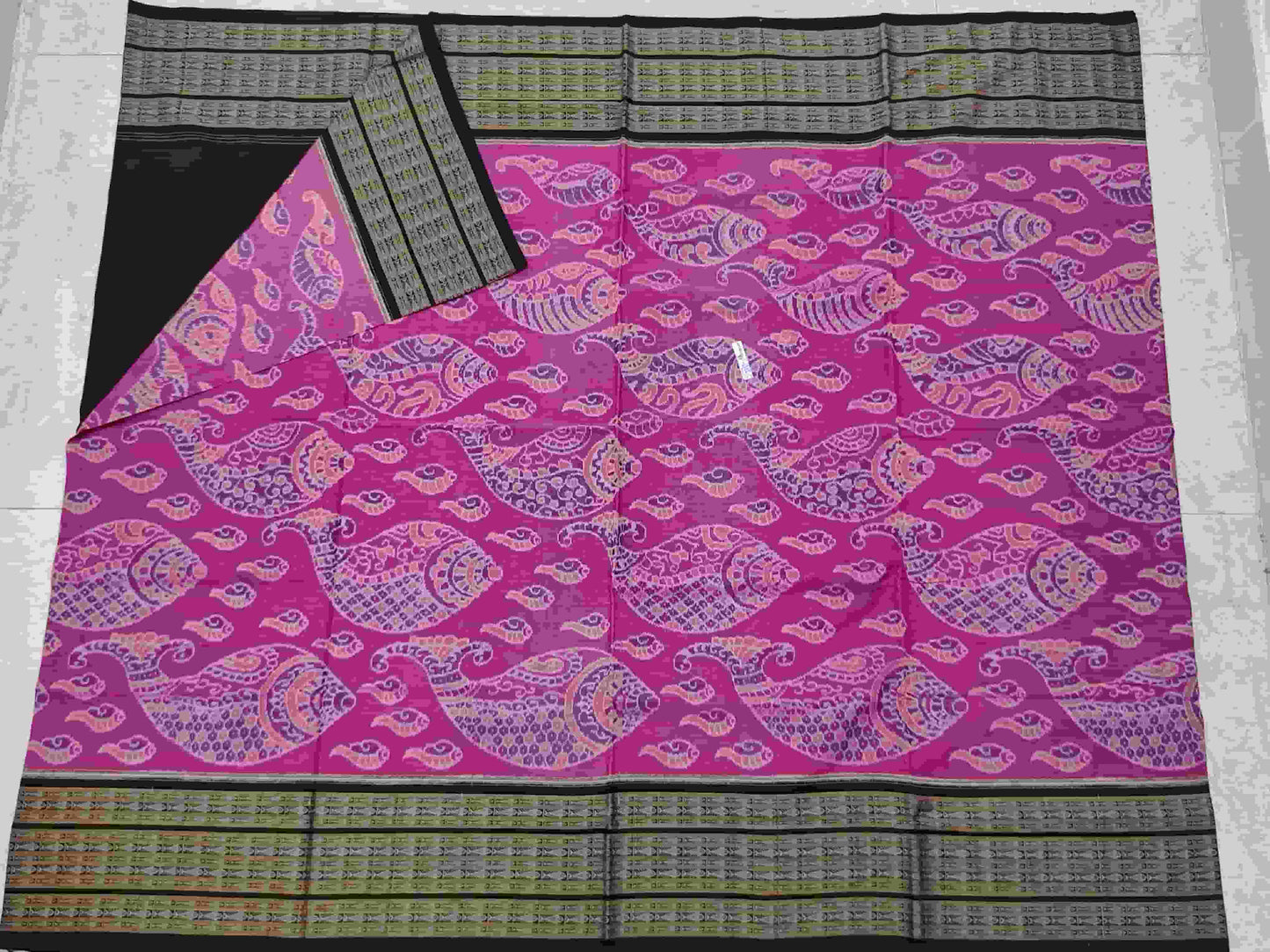 Handwoven Elephant Motifs Sambalpuri saree (Ranipink+Black)