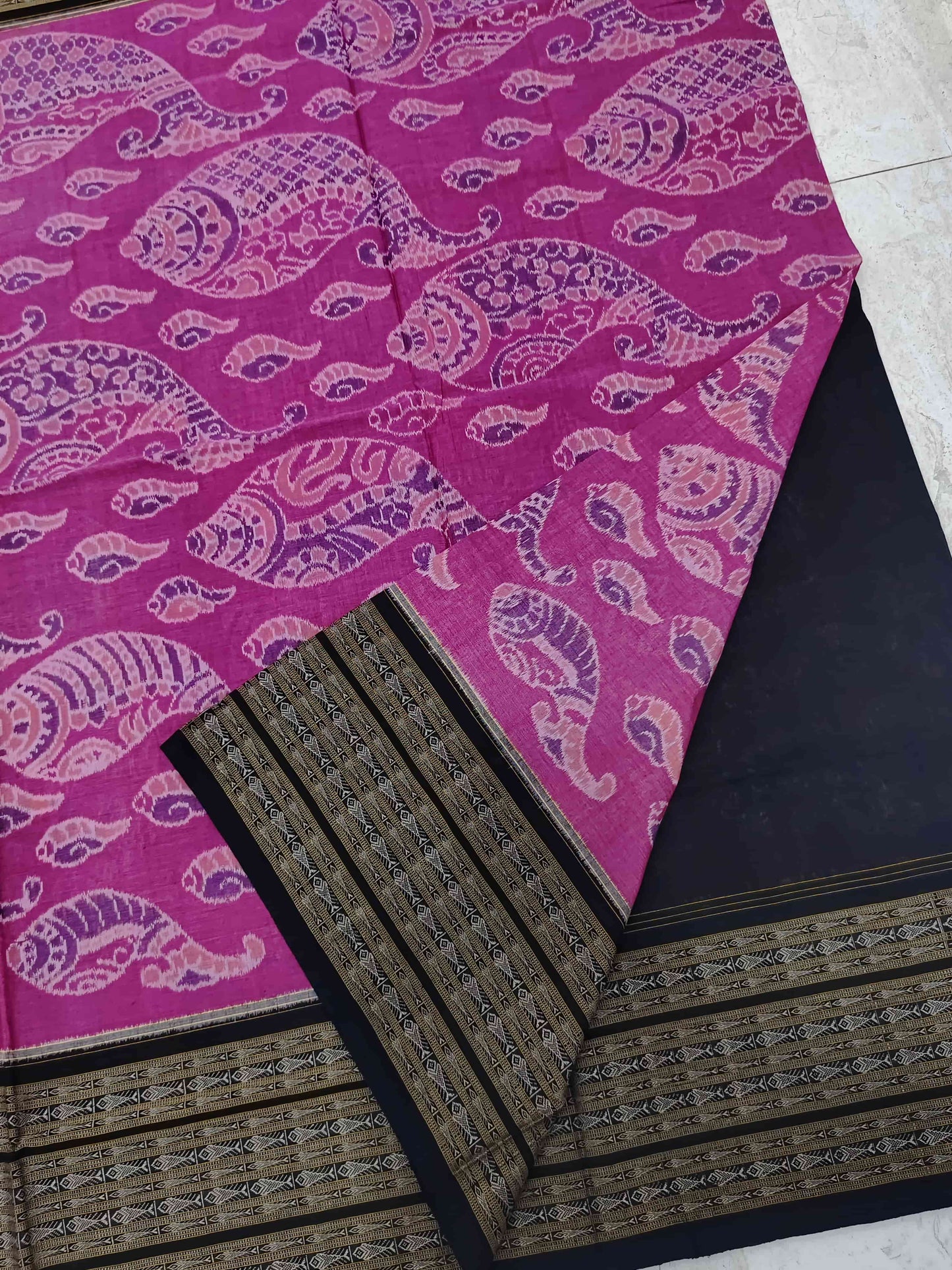 Handwoven Elephant Motifs Sambalpuri saree (Ranipink+Black)