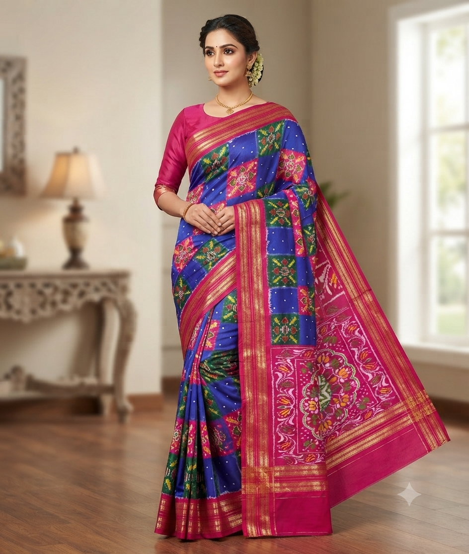 Handcrafted Pure Pochampally Ikat Silk Saree with Blouse Piece