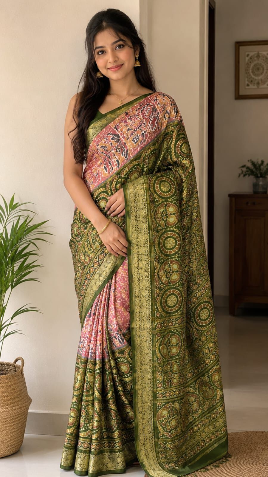 Olive Green Heritage Print Silk Saree