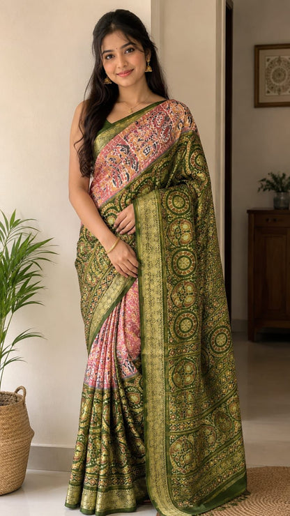 Olive Green Heritage Print Silk Saree
