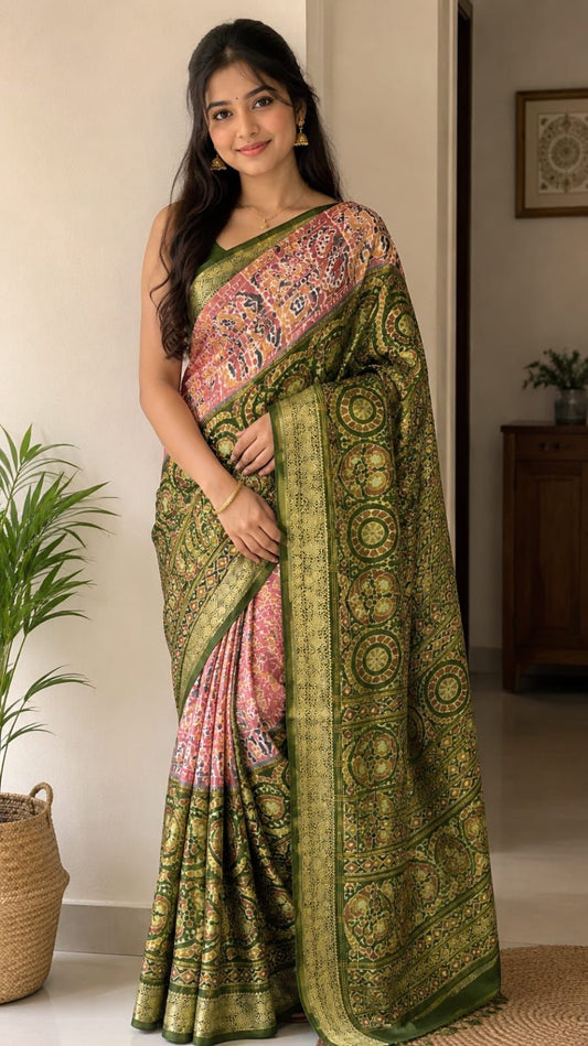 Olive Green Heritage Print Silk Saree