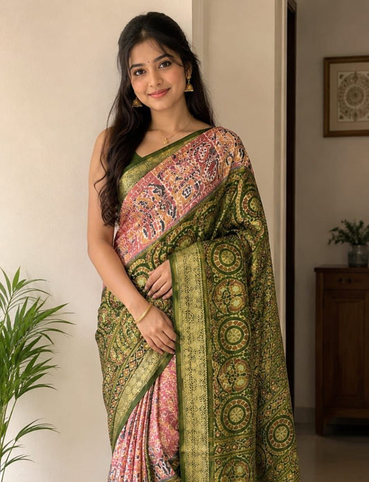 Olive Green Heritage Print Silk Saree