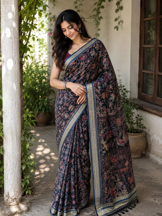 Midnight Blue Floral Heritage Saree