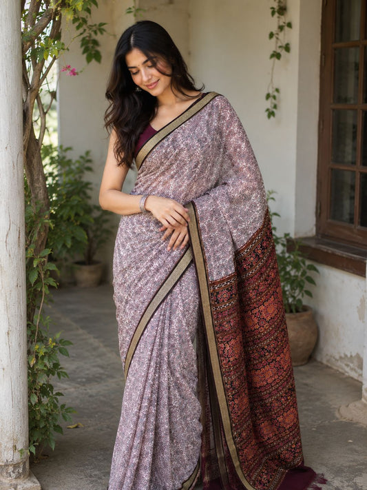 Dusty Rose Ajrakh Print Saree with Heritage Pallu