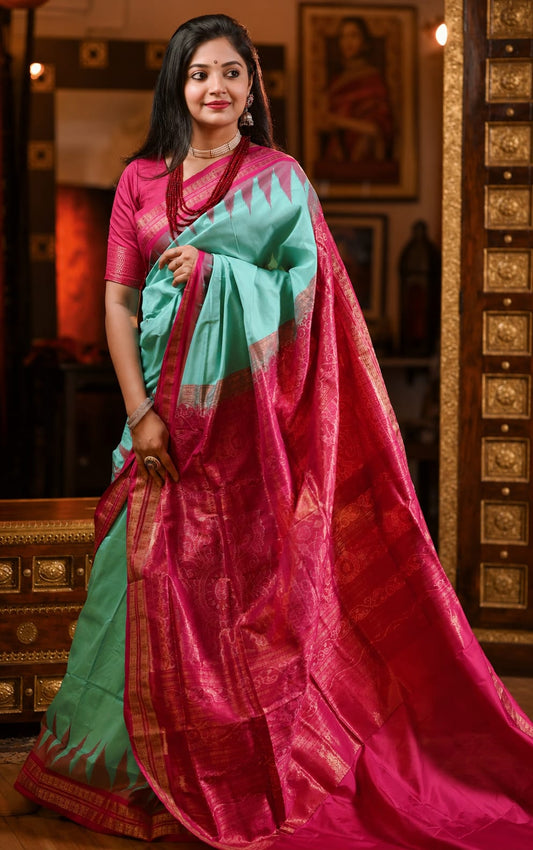 Aqua Blue & Rani Pink Kanjivaram Silk Saree