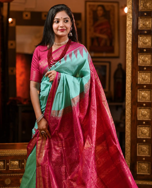 Aqua Blue & Rani Pink Kanjivaram Silk Saree