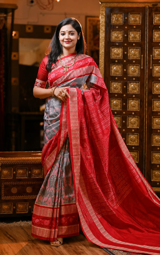Crimson Red & Ash Grey Banarasi Silk Saree