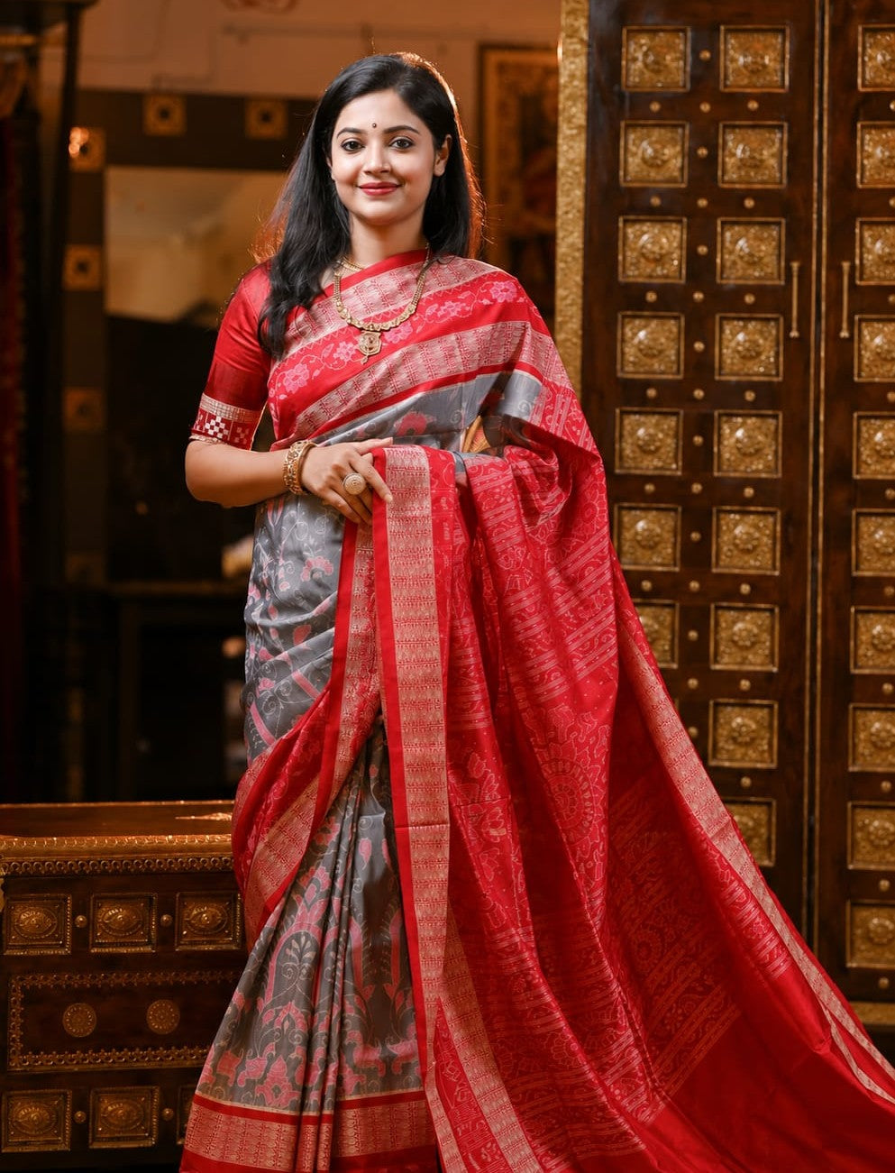 Crimson Red & Ash Grey Banarasi Silk Saree