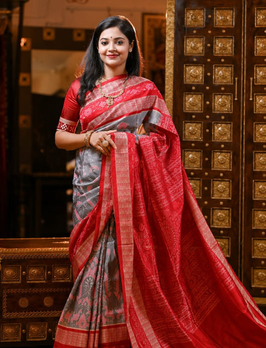 Crimson Red & Ash Grey Banarasi Silk Saree
