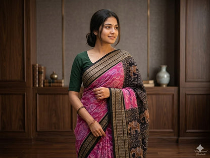 Handwoven Elephant Motifs Sambalpuri saree (Ranipink+Black)