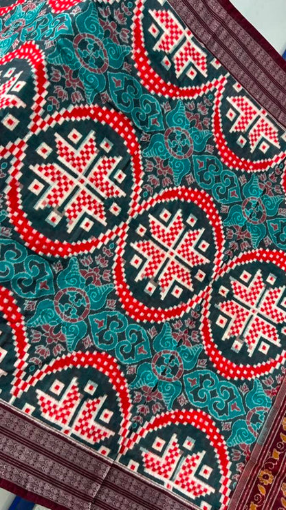 Ramagreen and red Sambalpuri pasapali cotton saree