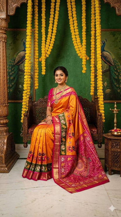Hdancrafted Pure Pochampally Ikat Silk Saree with Blouse Piece