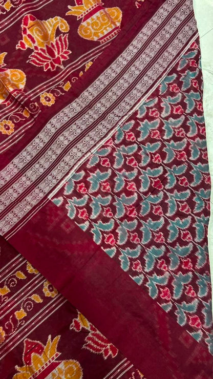 Ramagreen and red Sambalpuri pasapali cotton saree