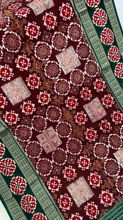 Merron and green clr combinations Sambalpuri pasapali saree