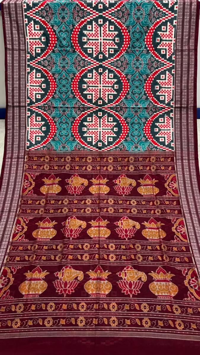 Ramagreen and red Sambalpuri pasapali cotton saree