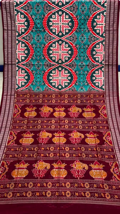 Ramagreen and red Sambalpuri pasapali cotton saree